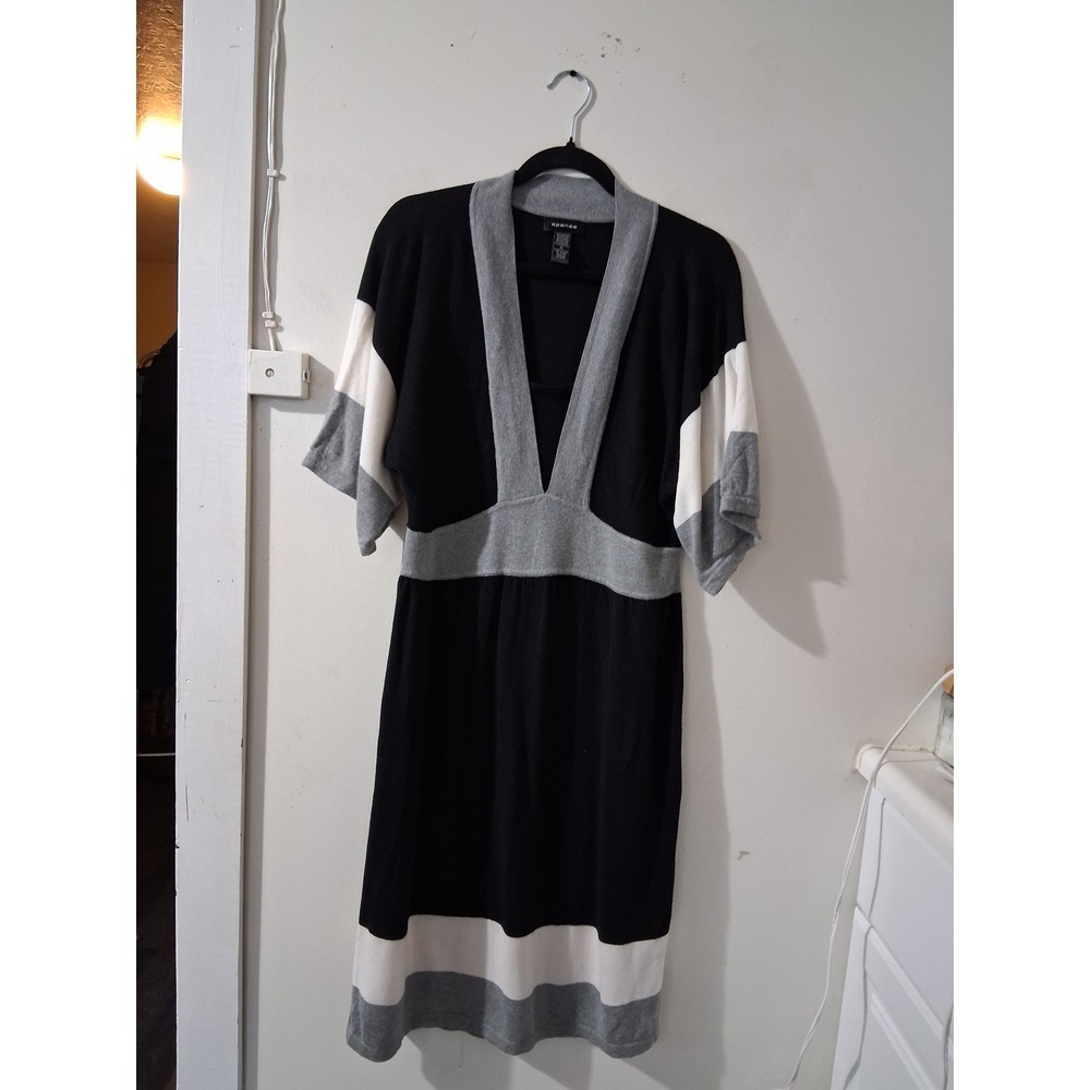 Spense Womens XL Black Grey Colorblock Angora Lambswool Knit V-NeckSweaterDress